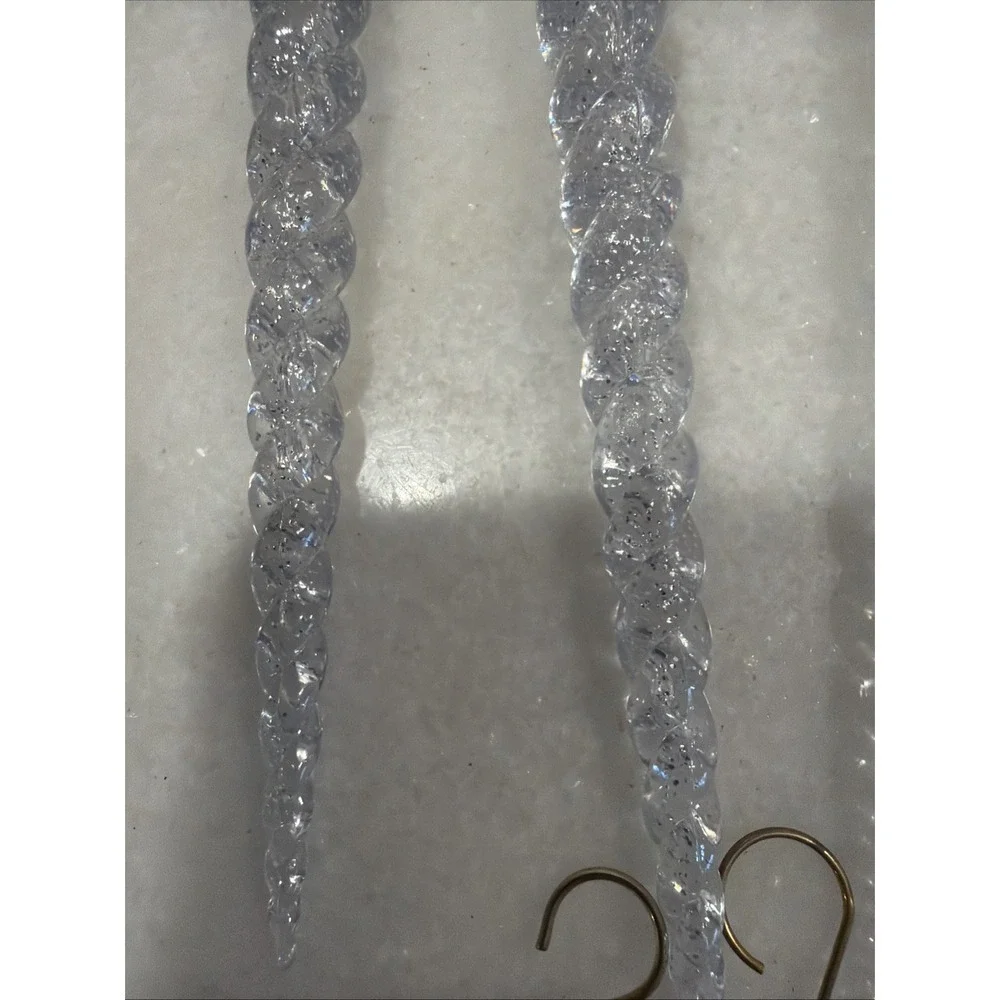 Icicle Ornaments Clear Plastic 5 Inches Long Set of 10 With Gold Ornate Hooks 01